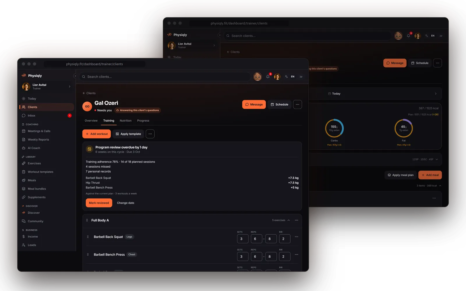 A client's file in Physiqly: the Training tab with a program review overdue by one day, six weeks on the cycle, 78% training adherence and seven personal records, above the editable program; behind it, the Nutrition tab with macro targets and the meal plan.